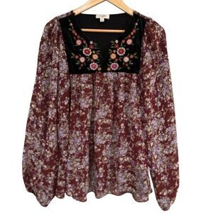 Umgee Women's Embroidered Velvet Yoke Floral Long Sleeve Boho Blouse Wine Small